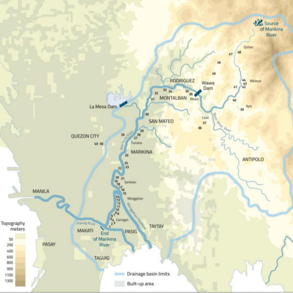 A map of the Marikina River showing the various areas visited by the researchers. Photo by Gideon Lasco and Anita Hardon.